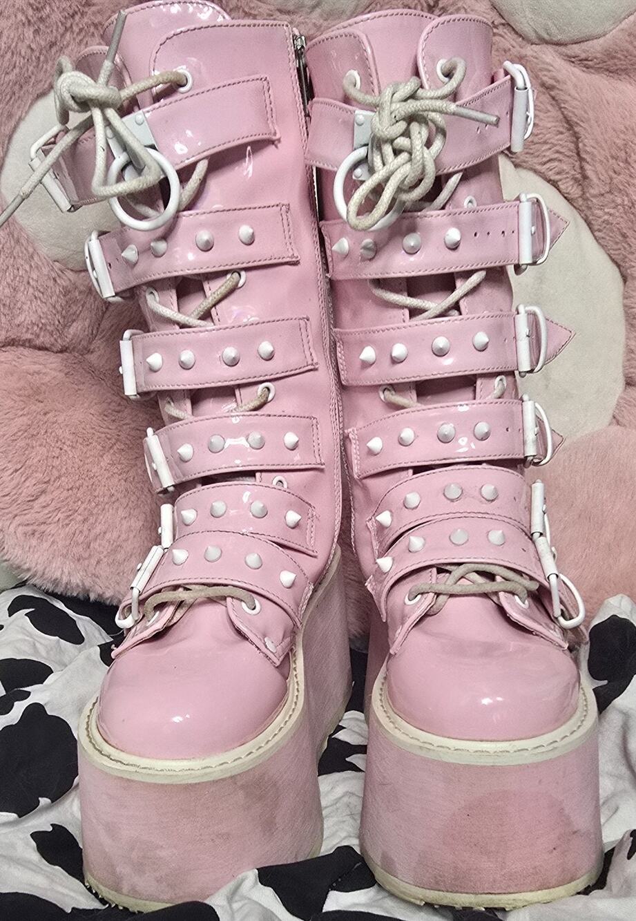 Discontinued Demonia Cult Pink Holographic Spiked Pink Damned 225 Platform Boots